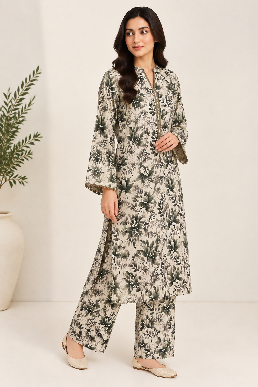 Olive Floral Printed 2-Piece Slub Khaddar Suit