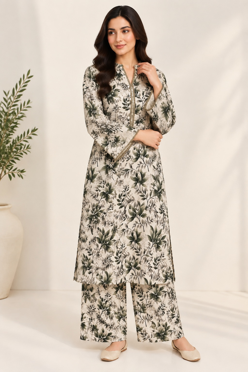 Olive Floral Printed 2-Piece Slub Khaddar Suit