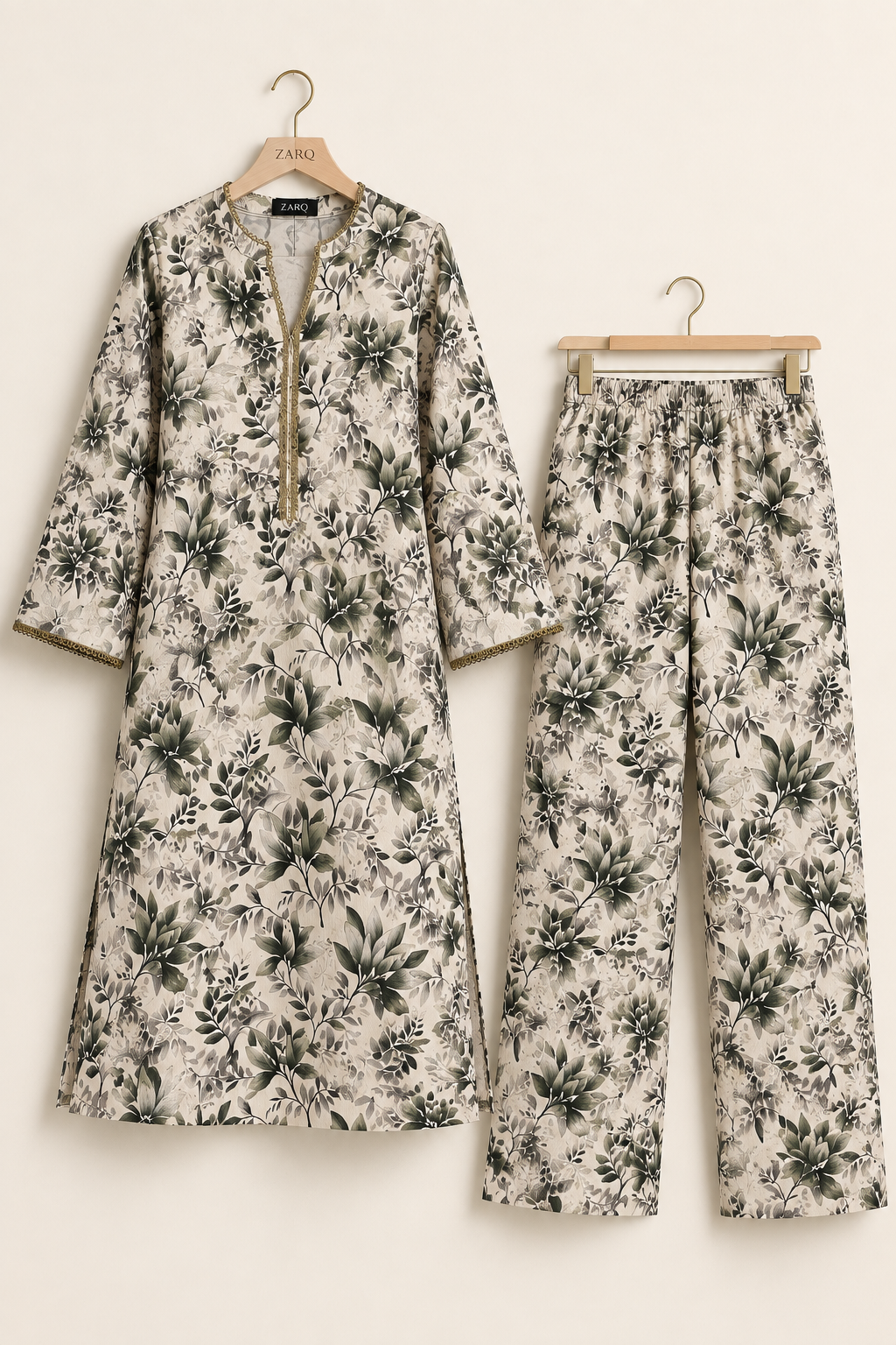 Olive Floral Printed 2-Piece Slub Khaddar Suit