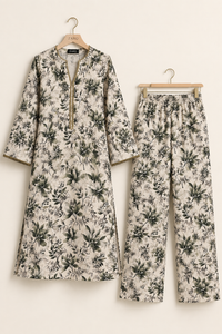 Olive Floral Printed 2-Piece Slub Khaddar Suit
